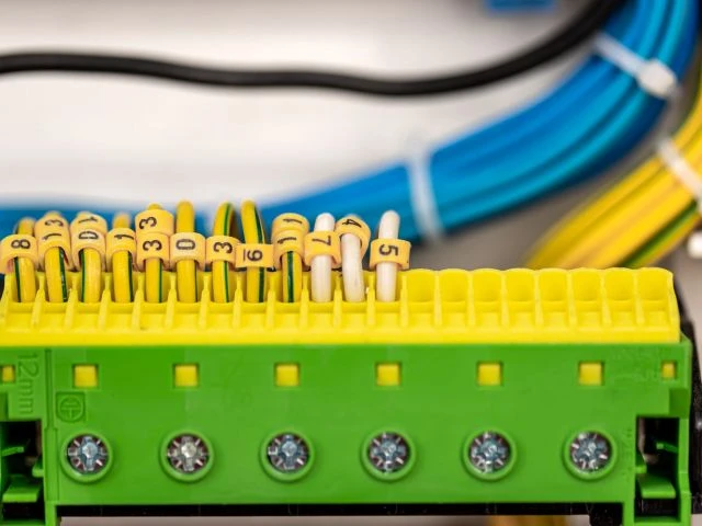 Voltage switchboard with circuit breakers, close up.