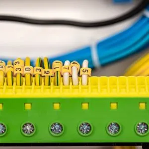 Voltage switchboard with circuit breakers, close up.