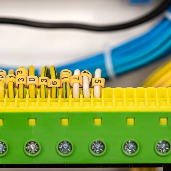 Voltage switchboard with circuit breakers, close up.